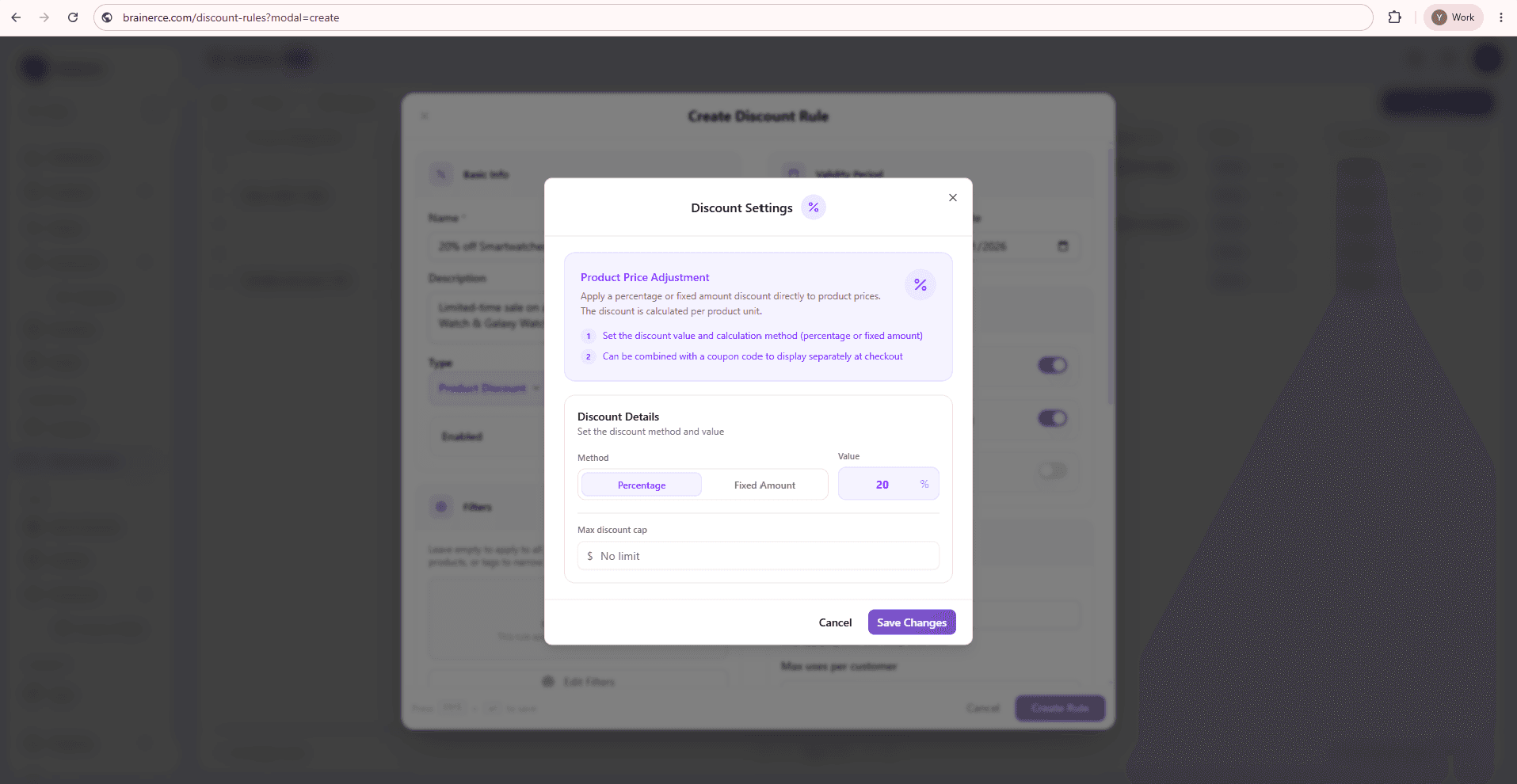 Discount Settings sub-modal with a "Product Price Adjustment" header with explainer text ("Apply a percentage or fixed amount discount directly to product prices"), Discount Details section with Method toggle (Percentage selected), Value 20%, and a Max discount cap field set to "No limit"