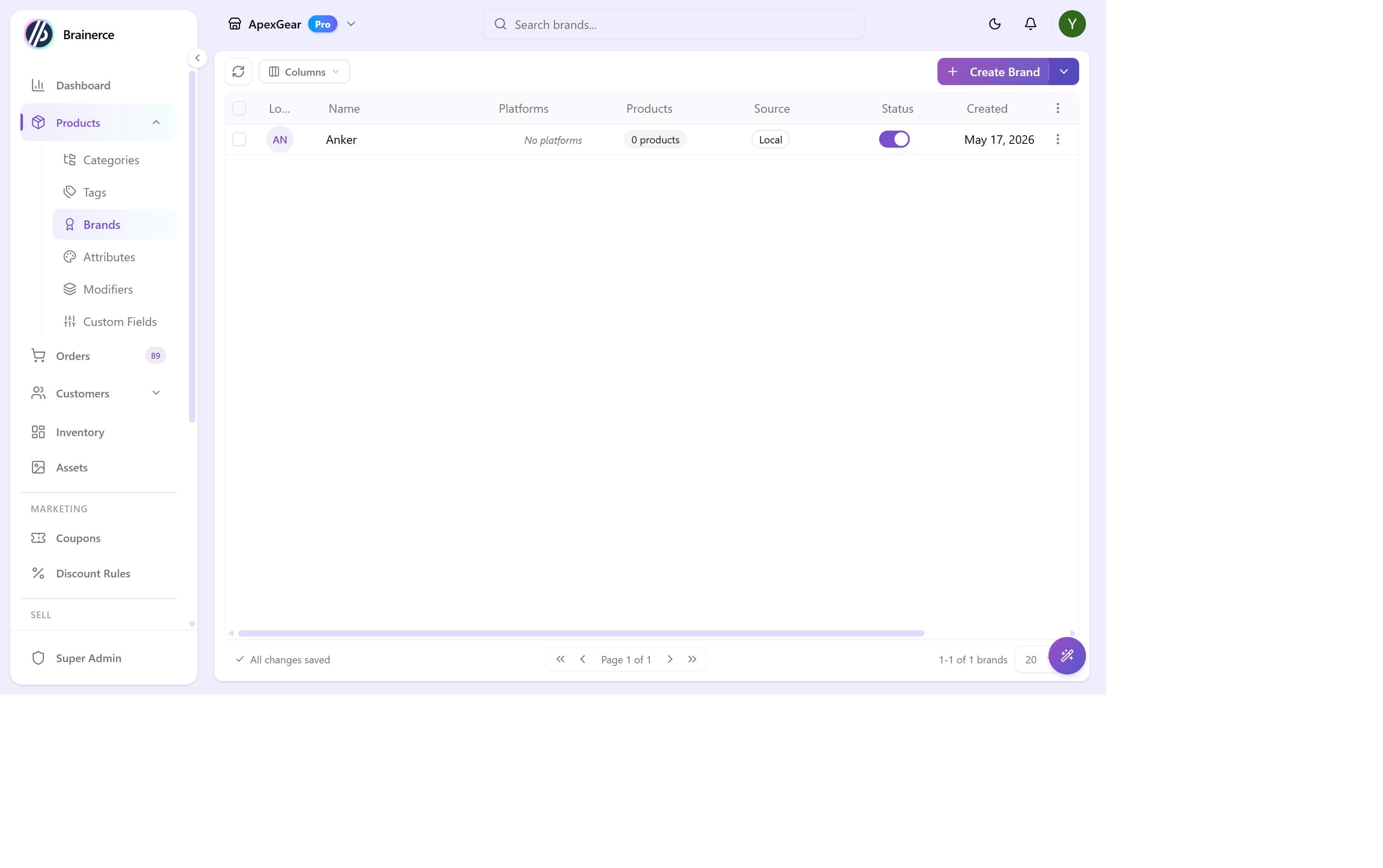 Brands list showing existing brands with Logo, Name, Platforms, Products, and Status columns