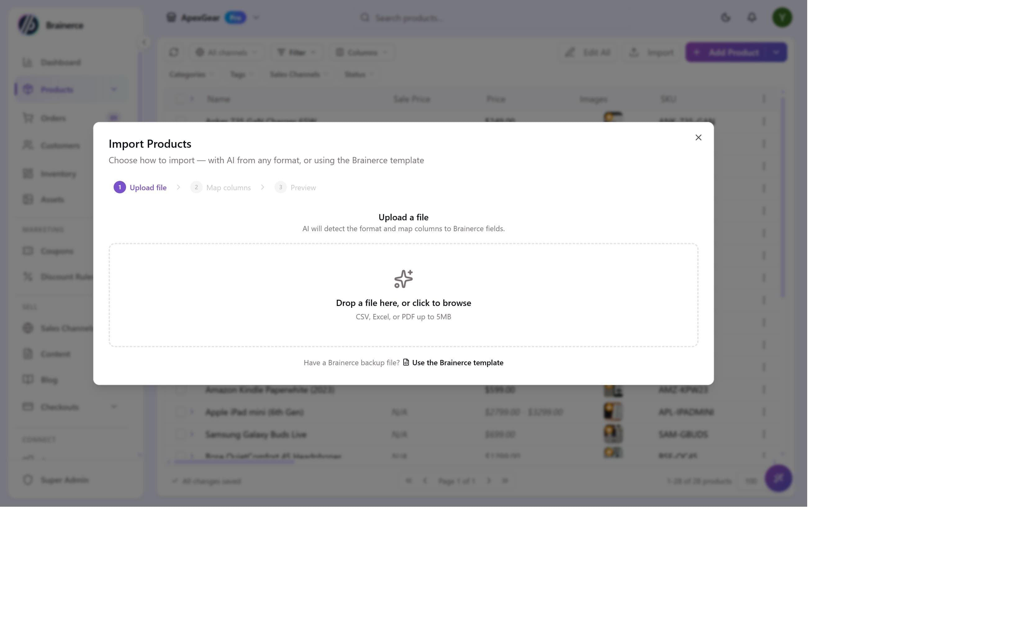 Import Products modal with a 3-step wizard showing Upload file, Map columns, Preview. Step 1 has a file drop zone and template options
