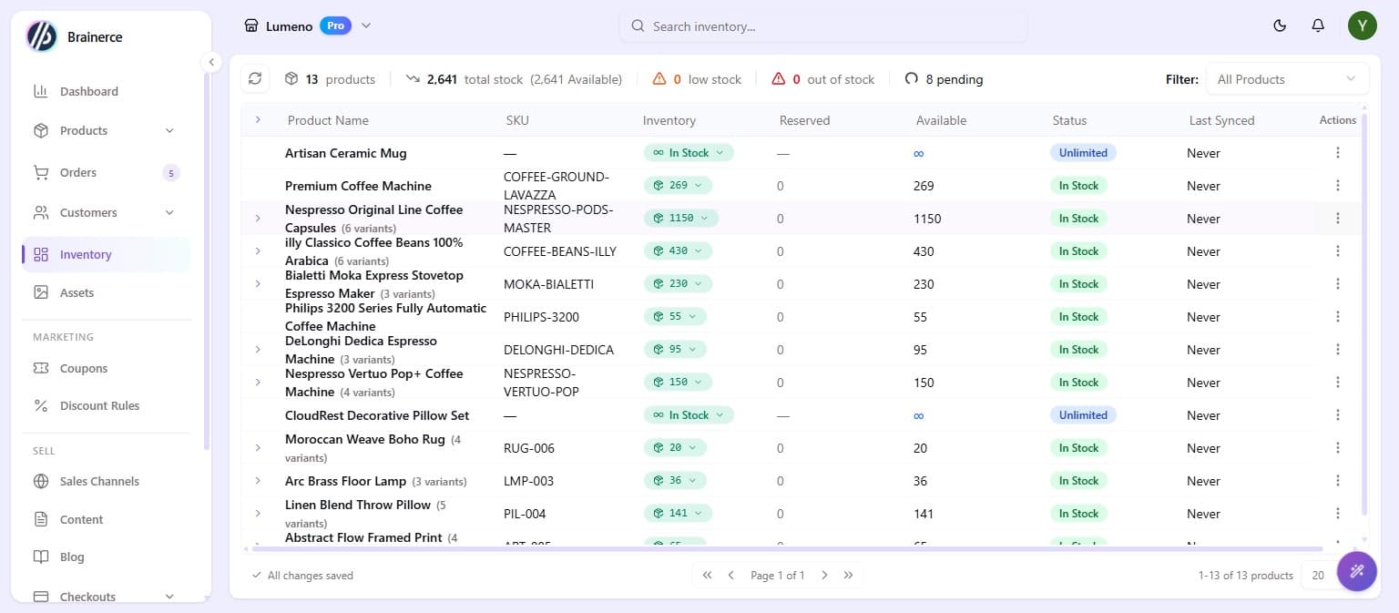 The Inventory page listing products with their stock cells, where you click a cell to adjust its quantity