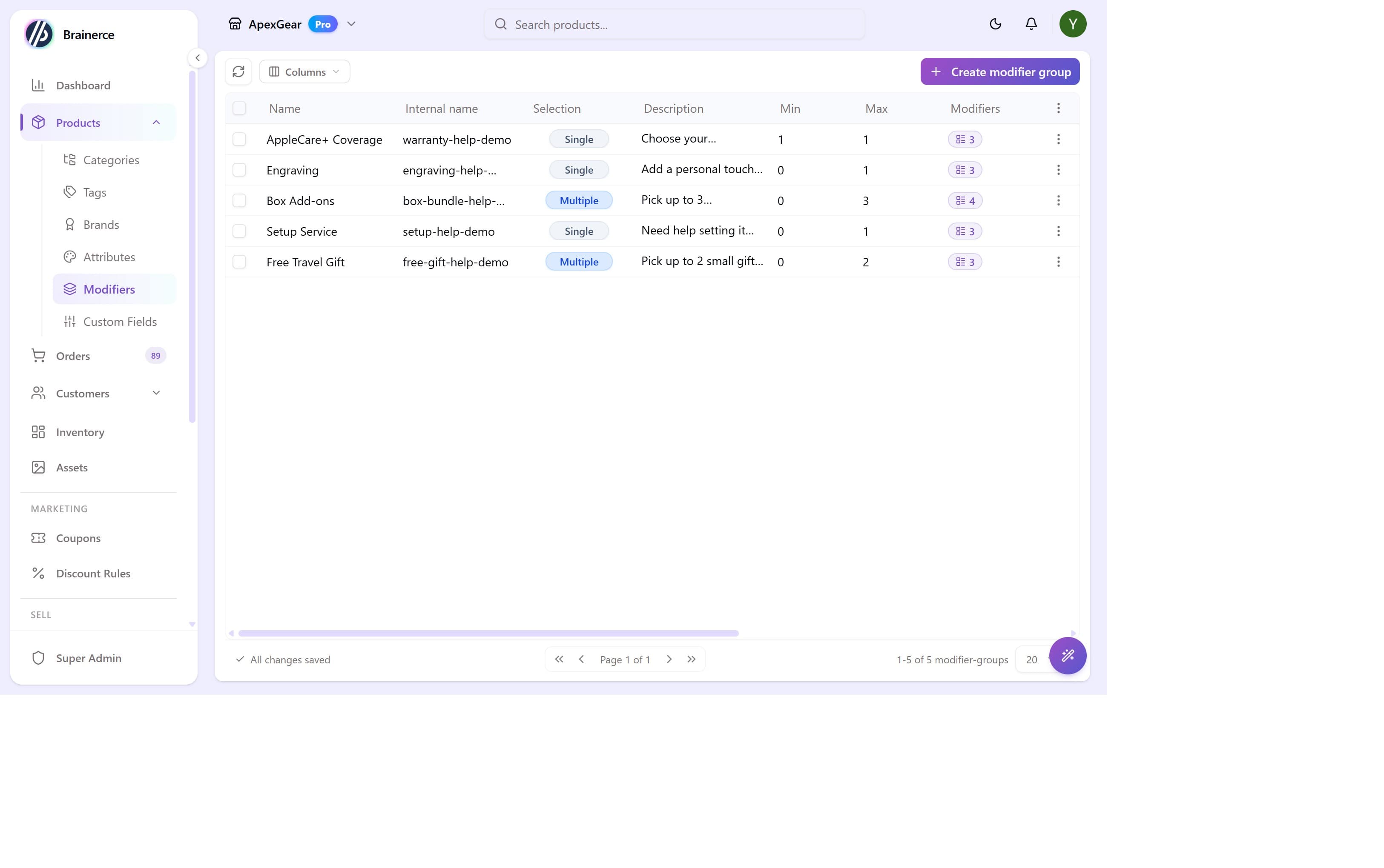 Modifier Groups list showing groups with Name, Internal Name, Selection type, Min/Max, Modifiers count, Free qty, Required toggle, Status, and Used by columns
