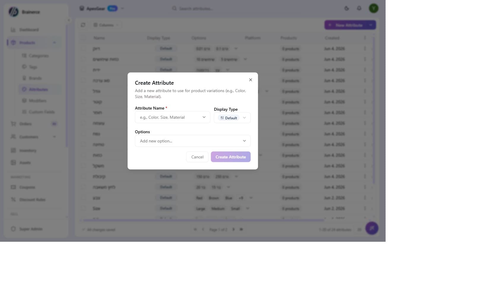 Create Attribute dialog with Attribute Name field, Display Type dropdown, and Options multi-value input