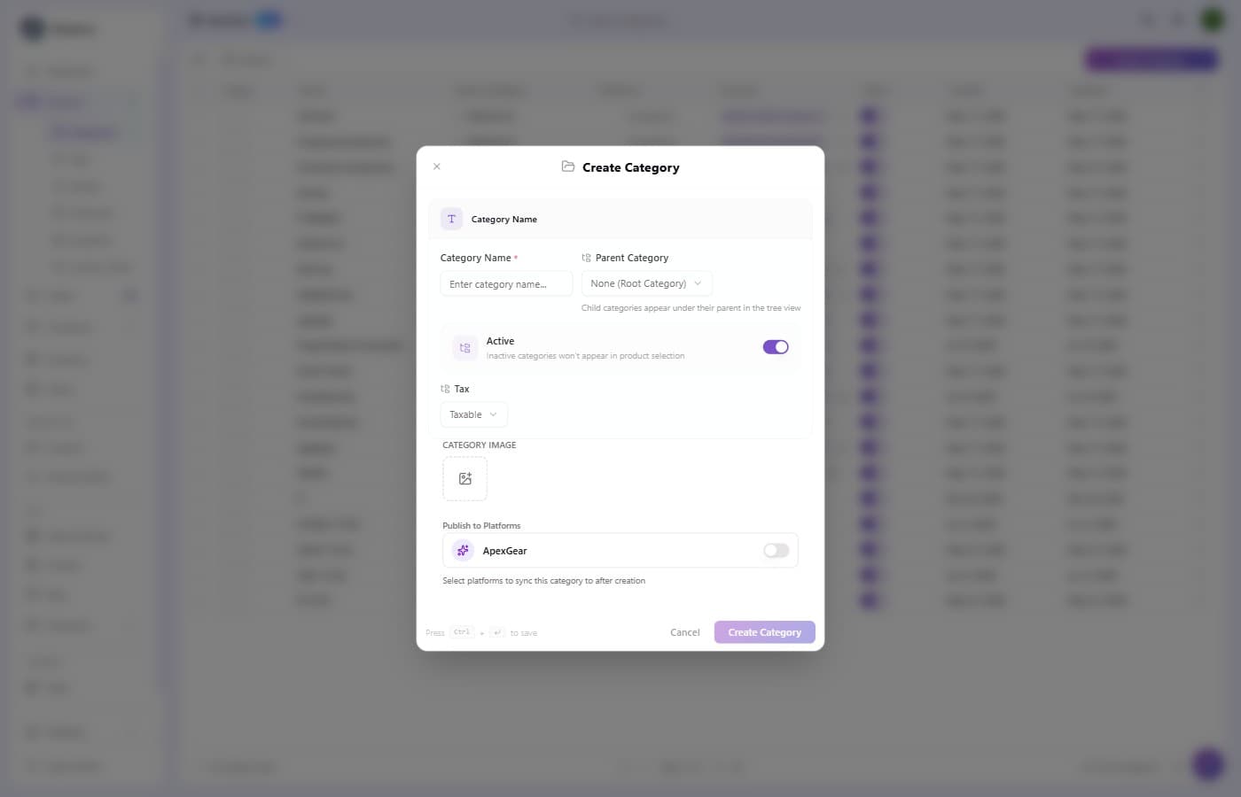 Create Category dialog with Category Name, Parent Category, Active toggle, Tax dropdown, Category Image upload, and Publish to Platforms section
