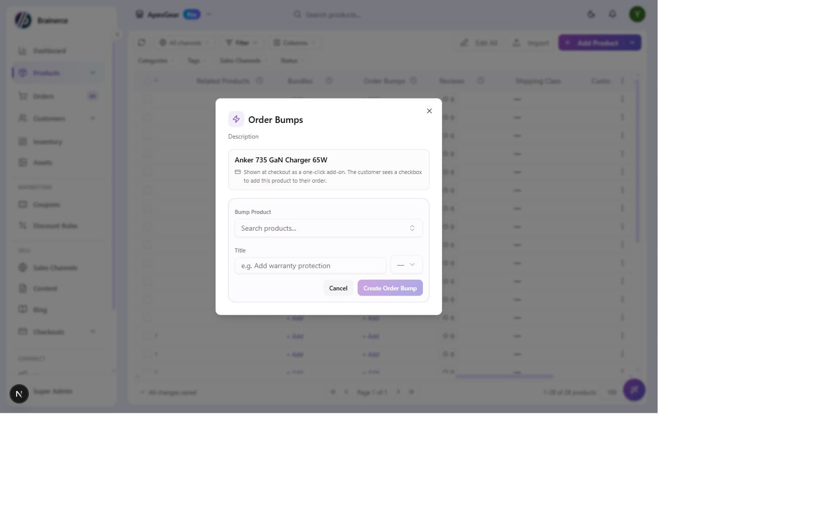 Create Order Bump form with product search, title, and optional discount fields